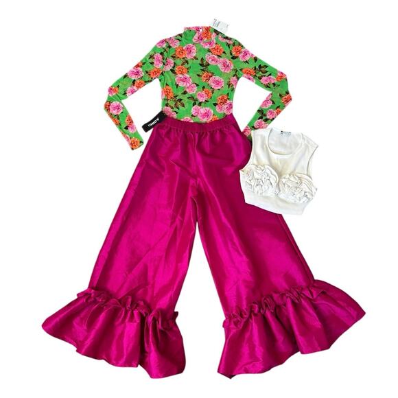 Fashion Bundle Outfit 3D Floral Crop Top Mesh Long Sleeves Satin Ruffle Pants S - Picture 3 of 10